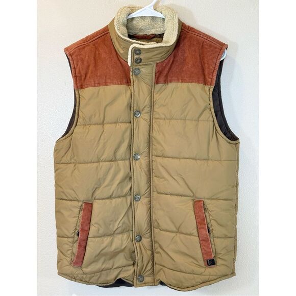 PrAna Waylen Corduroy Puffer Tan & Brown Metal Button Snap Up Vest Men's Medium - Picture 2 of 12